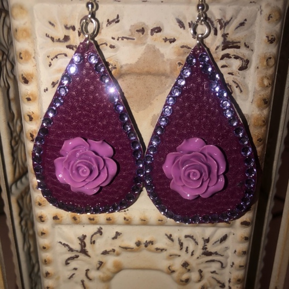 Rose and Rhinestone Faux Leather Earrings - Picture 1 of 4